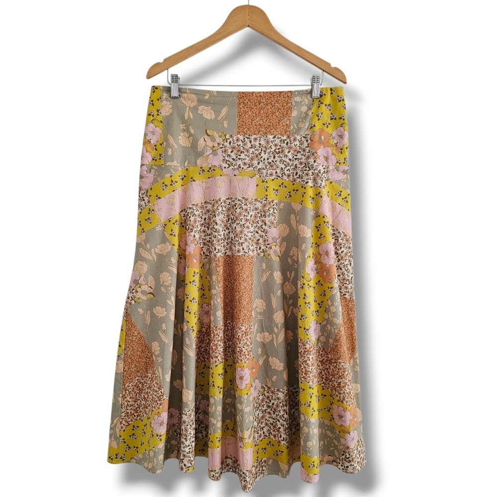 Alexia Admor Midi Skirt 10 Yellow Patchwork Floral A-Line Boho Cottage Prairie